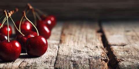 Glossy ripe cherries with long stems arranged on aged wooden boards in warm natural light with shallow depth of field