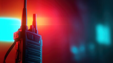 A close-up view of a communication radio device illuminated by vibrant red and blue lights in a dim setting