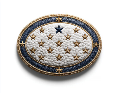 Embroidered circular emblem with a central blue circle, white star and radiating smaller stars Gold wavelaurel-like border Light fabric background Intricate detail, military insigni - AI-Generated