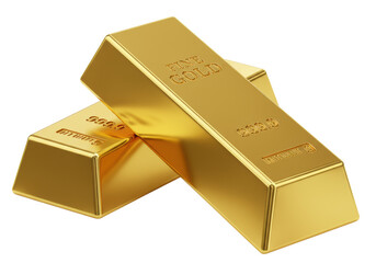 Two gleaming 1-kilogram gold bars, rectangular, marked '999.9', subtly overlapping on a pristine transparent background with soft studio light. Concept of wealth and security
