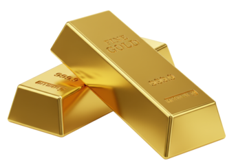 Two gleaming 1-kilogram gold bars, rectangular, marked '999.9', subtly overlapping on a pristine transparent background with soft studio light. Concept of wealth and security