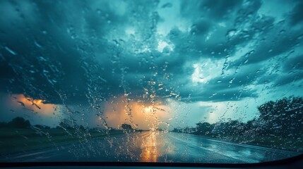 Fototapeta premium rainstorm falling on a windshield, generative ai