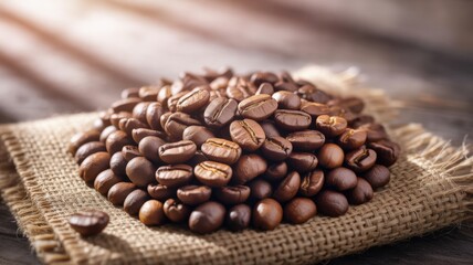 Macro of coffee beans on rustic burlap sack, warm pastel cinematic lighting
