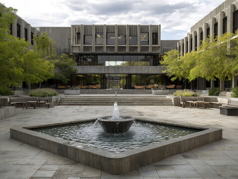 Modern architectural building with multiple floors, outdoor plaza area, circular stone fountain, paving stones, seating areas with benches, trees, partial cloudy sky, soft lighting, dif - AI-Generated