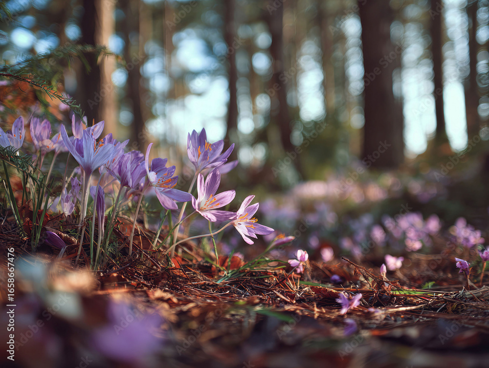 Poster close-up view of a late autumnearly spring forest floor with purple wildflowers in various stages of