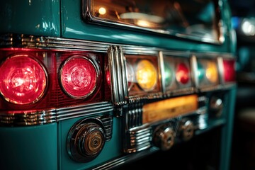 Obraz premium Vintage retro car rear view with colorful tail lights and chrome details