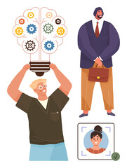 Person holding light bulb with gear ideas, professional in business attire, portrait verification. Ideal for innovation, teamwork, workforce, leadership, HR processes, creativity simple flat