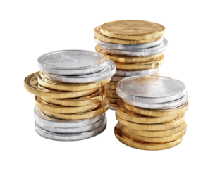 Stacks of gold and silver coins.  Stacked circular treats, metallic gold and silver.  Three piles.  Close-up