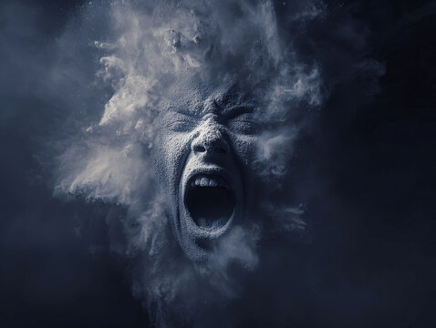 A dramatic digital art piece featuring a submerged human face in water, surrounded by mist The face is intensely emotional with an open mouth and harsh lighting Dominant cool tones of - AI-Generated