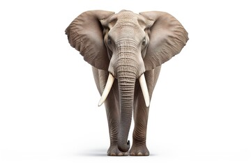 Obraz premium A majestic elephant with tusks and large ears, standing with its trunk slightly raised, isolated on a white surface