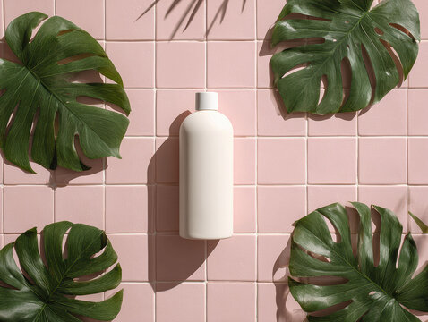 Centered white pump dispenser bottle with 1 label on pink tile background, surrounded by green plants Light strip above - AI-Generated