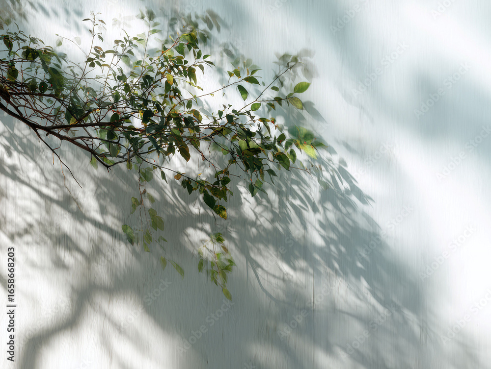 Poster close-up of a deciduous tree branch with green leaves against a plain wall, daylight filtering throu