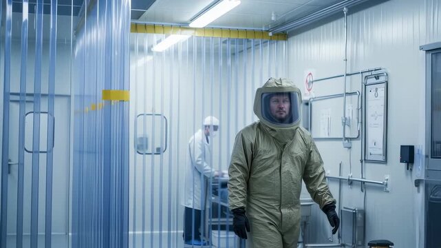 Protective plastic curtains and containment zones segregate radioactive waste vitrification melter maintenance areas from clean zones.
