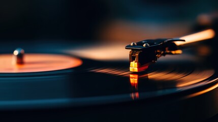 Close-up of a turntable needle gently resting on a spinning vinyl record, warm light creating a nostalgic ambiance