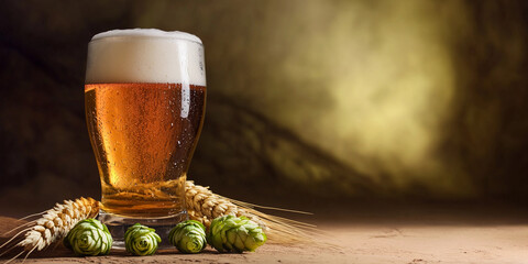 Beer glass with wheat and hops on wooden table background Generative AI