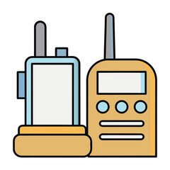 Two cartoon walkie talkies with antennas and buttons on a white background radio communication