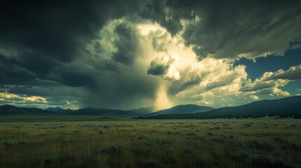 Fototapeta premium large clouds laden with water over a valley, stormy day generative ai