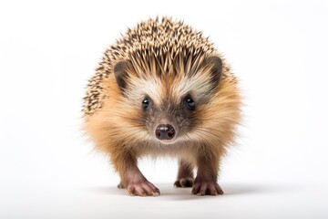 Fototapeta premium A playful hedgehog, its spines standing on end, captured in motion against a white backdrop