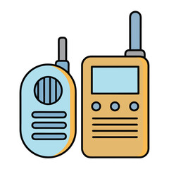 Two cartoon walkie talkies with blue and yellow casing on white background radio communication
