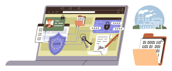 Fototapeta premium Laptop displaying GDPR shield, online profiles, locks, key, signed documents, emphasizing data security. Ideal for cybersecurity, privacy, compliance online safety governance IT systems digital