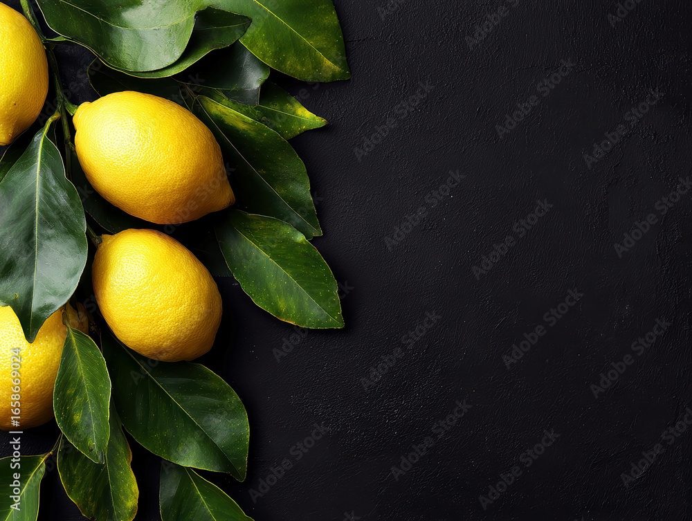 Poster overhead view of a cluster of ripe lemons on a dark gray background, arranged in a visually appealin