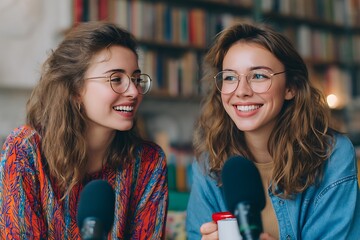 Two happy young women recording a casual podcast. A perfect image for themes of content creation, influencer culture, and audio storytelling.