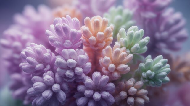 Microscopic close-up of colorful flower pollen, pastel color scheme, ultra macro photography