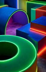Bold neon furniture composition showcasing vibrant geometric shapes in a playful arrangement