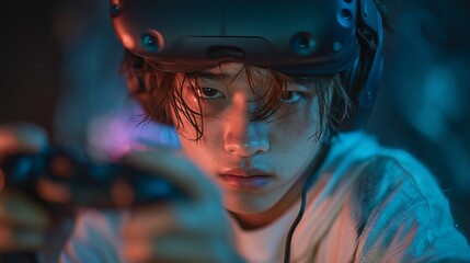 A young gamer intensely focused on a video game, wearing virtual reality headset and holding a game controller.