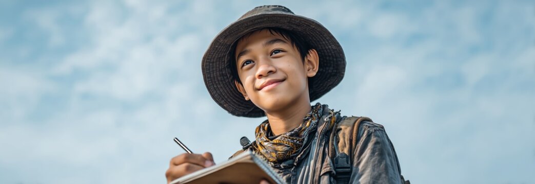 A young boy with a joyful smile, wearing a hat, sketches in his notebook outdoors under a bright blue sky.