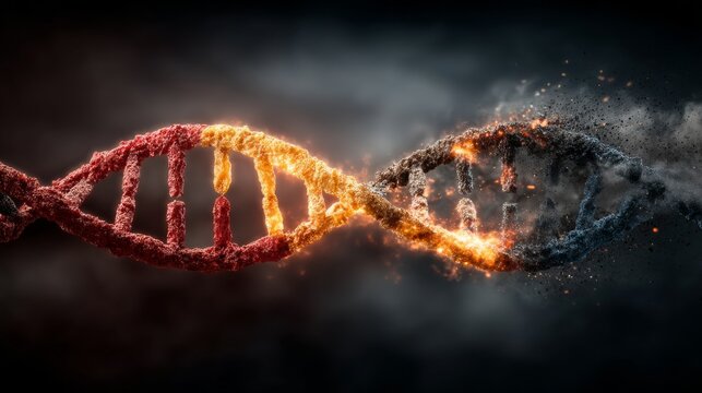 A dramatic DNA double helix with vibrant red and orange on the left, transitioning to cool grey and black on the right,