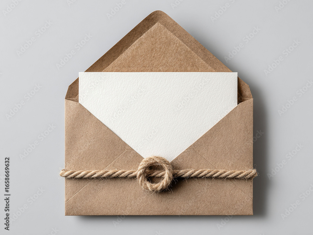 Poster a sealed, textured paper envelope with a knotted natural fiber string rests on a striped light backg