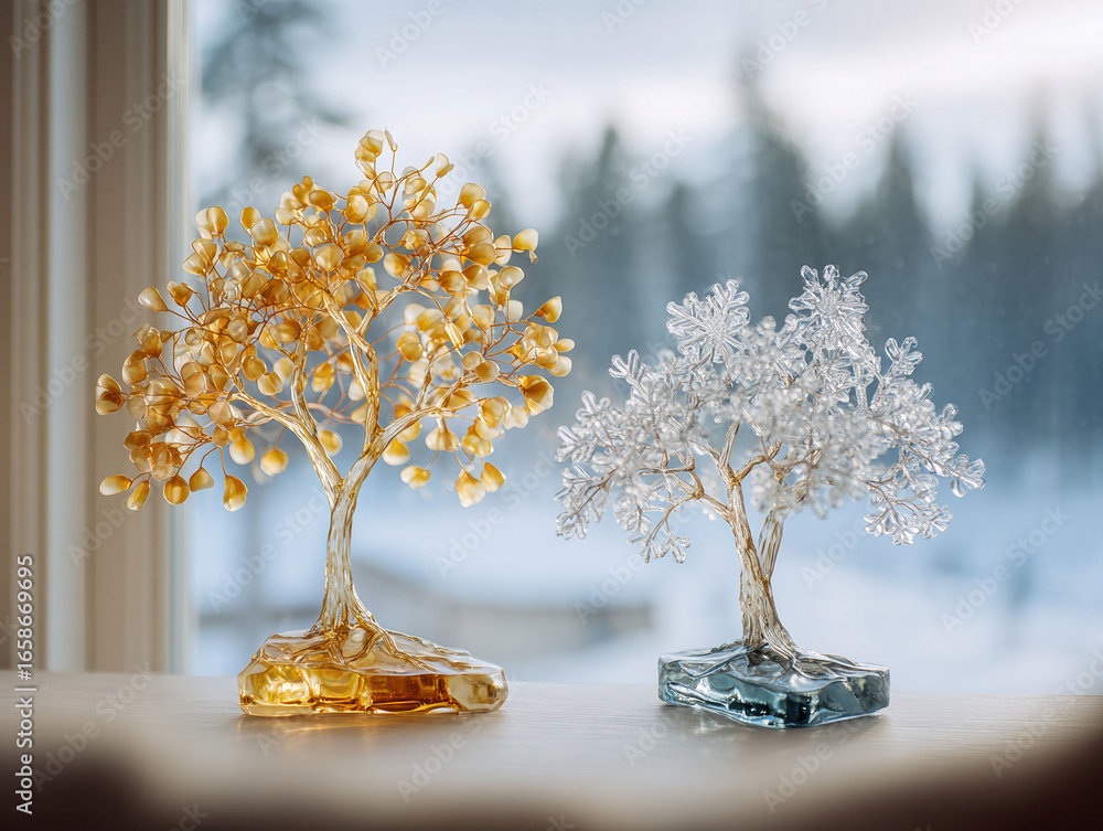 Aufkleber two contrasting tree sculptures on a table with a window background left one adorned with yellow flo