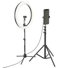 Professional ring light and smartphone holder setup on tripods for content creation isolated on transparent background