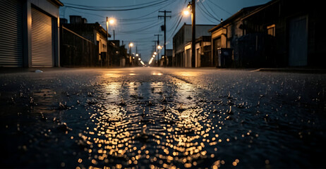 A rainy night on a city street, with the light of street lamps reflecting on the wet asphalt