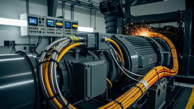 Highvoltage cabling and electric motors of a heavyduty mining haul truck drivetrain displayed inside a specialized dyno bay setting.