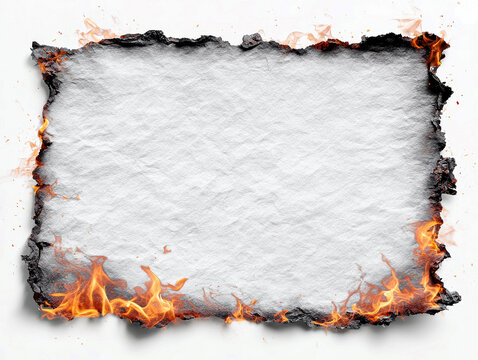 Old, charred parchment scroll burning, stark white background, fiery spectacle, warm glow, realistic style - AI-Generated