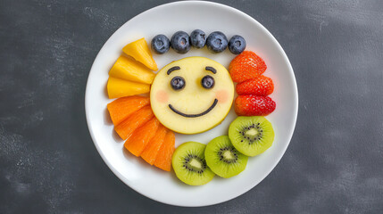 Colorful fruit arrangement shaped like a smiling face on a plate.