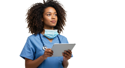 Young African American woman in blue scrubs with curly brown hair, holding a sleek silver tablet, gazing thoughtfully on a white studio background. Concept of healthcare innovation and progress
