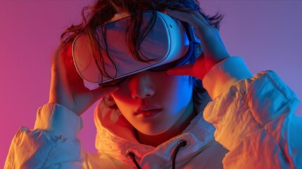 A young person experiencing virtual reality with a futuristic headset, surrounded by vibrant neon colors.