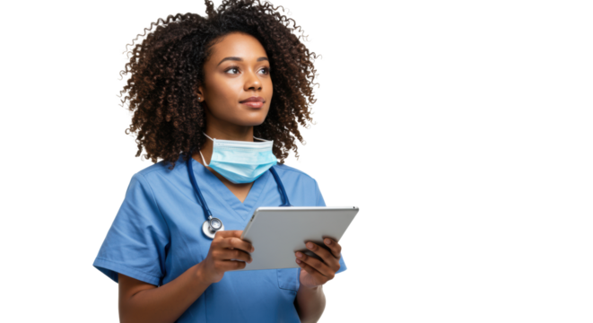 Young African American woman in blue scrubs with curly brown hair, holding a sleek silver tablet, gazing thoughtfully on a white studio background. Concept of healthcare innovation and progress
