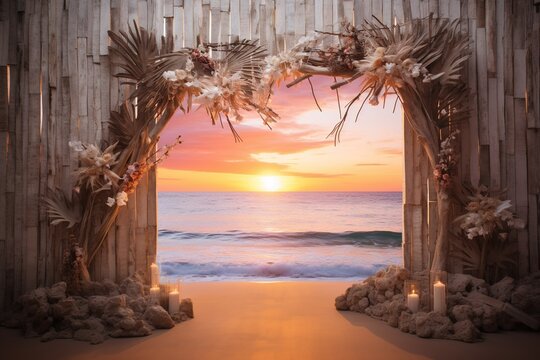 A tropical beach wedding backdrop with driftwood, palm leaves, and a beautiful sunset in the background - Powered by Adobe