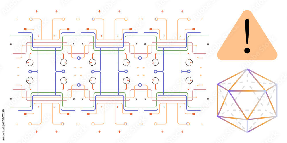 Poster abstract circuit board pattern with lines and nodes, triangle warning icon, and geometric polyhedron