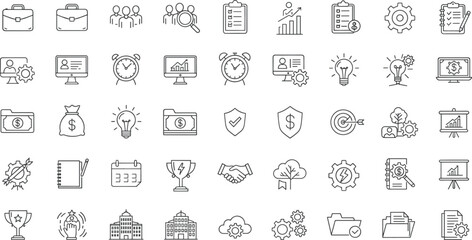 Business management line icon collection, finance, teamwork, time, success, idea, strategy, productivity, money, growth, planning, presentation, office, workflow set