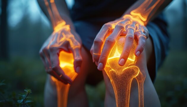 Close-up of hands, knees with glowing skeletal structures, illustrating joint health issues like rheumatoid arthritis damage. Focuses on inflammation, pain, treatment strategies including physical