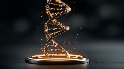 A glowing double helix symbolizing DNA rises from a circular platform with golden particles floating around it,