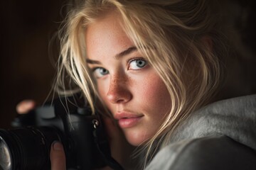 Fototapeta premium A young woman with blonde hair looks intently at the camera, showcasing her passion for photography.