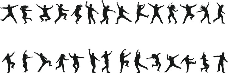Group of dancing silhouettes in dynamic poses, people jumping and moving with energy, celebration concept, vector illustration for design projects