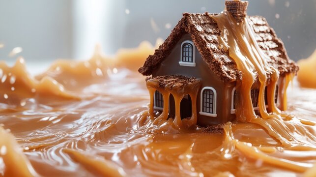 chocolate house with a sea of arequipe beneath it generative ai