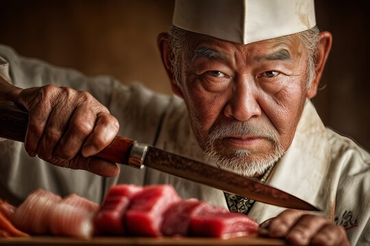 An elderly chef skillfully preparing fresh sushi, showcasing culinary mastery and passion for traditional cuisine.